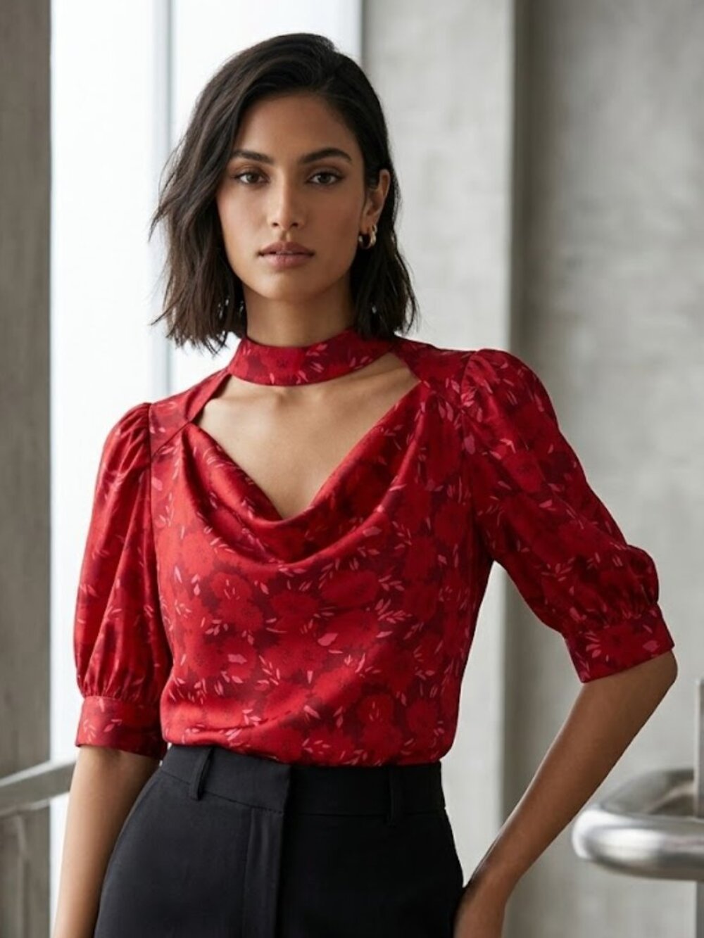 ASTR The Label Size Medium Red Floral Blouse Top Cowl Neck Halter Whimsigoth Y2K